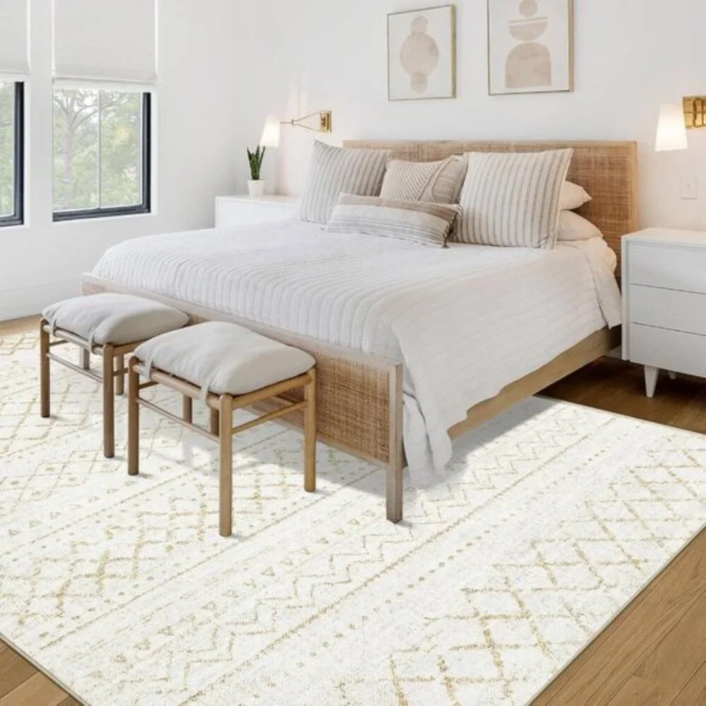 New 6x9 Beige Boho Moroccan Rug, Washable Non-Slip Geometric Carpet for Home